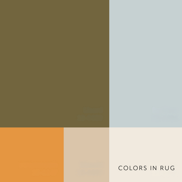 Color swatches of a rug with brown, blue, orange, and beige tones.